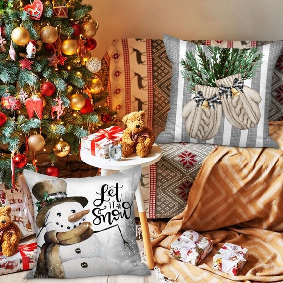 🆕 Christmas Throw Pillow Covers Xmas Snowman Gloves Elk Eucalyptus Cushion Home - Picture 2 of 6